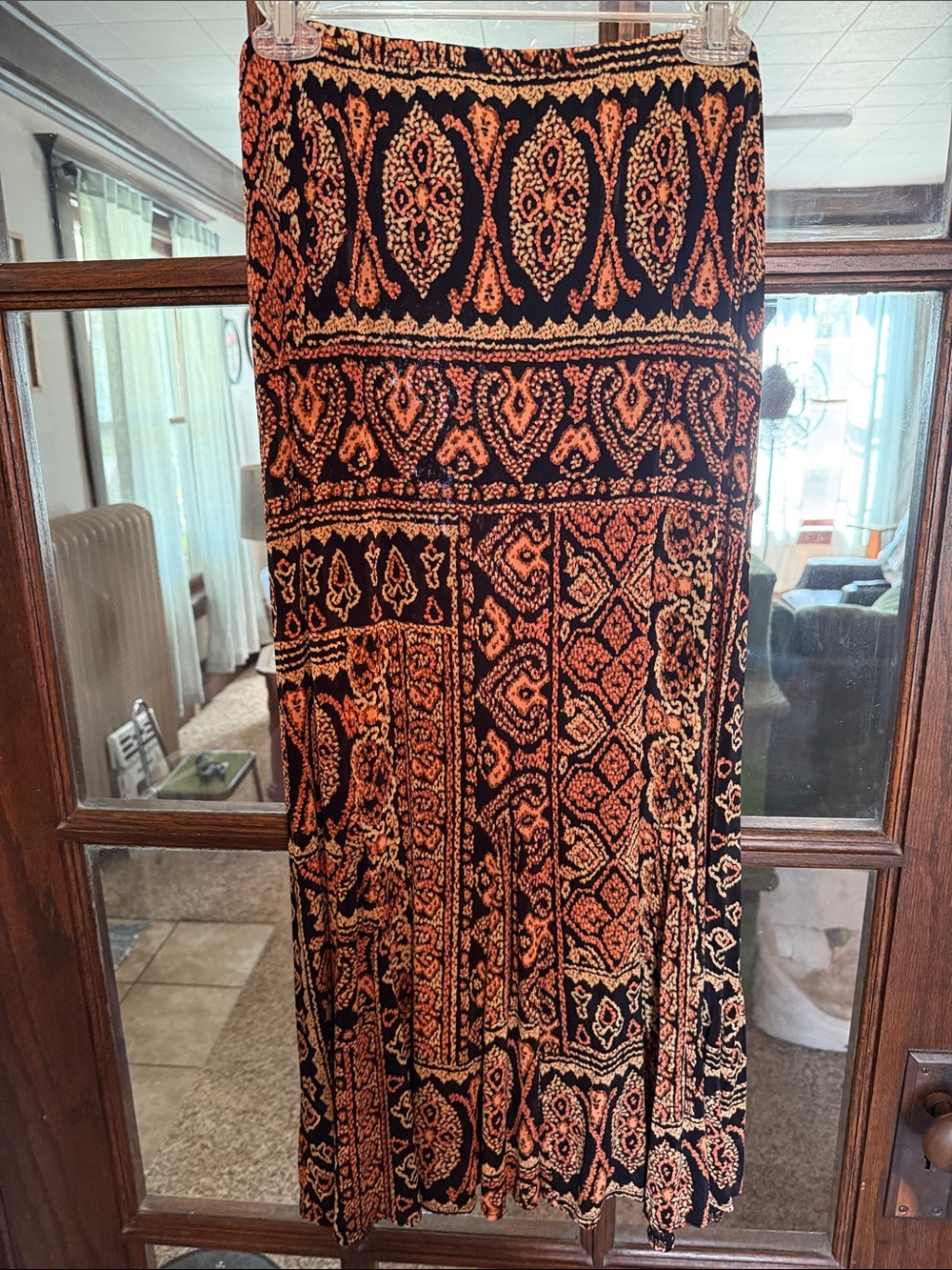 Mirasol Women Orange Black Damask Paisley Patchwork Maxi Skirt L USA Gypsy 90's